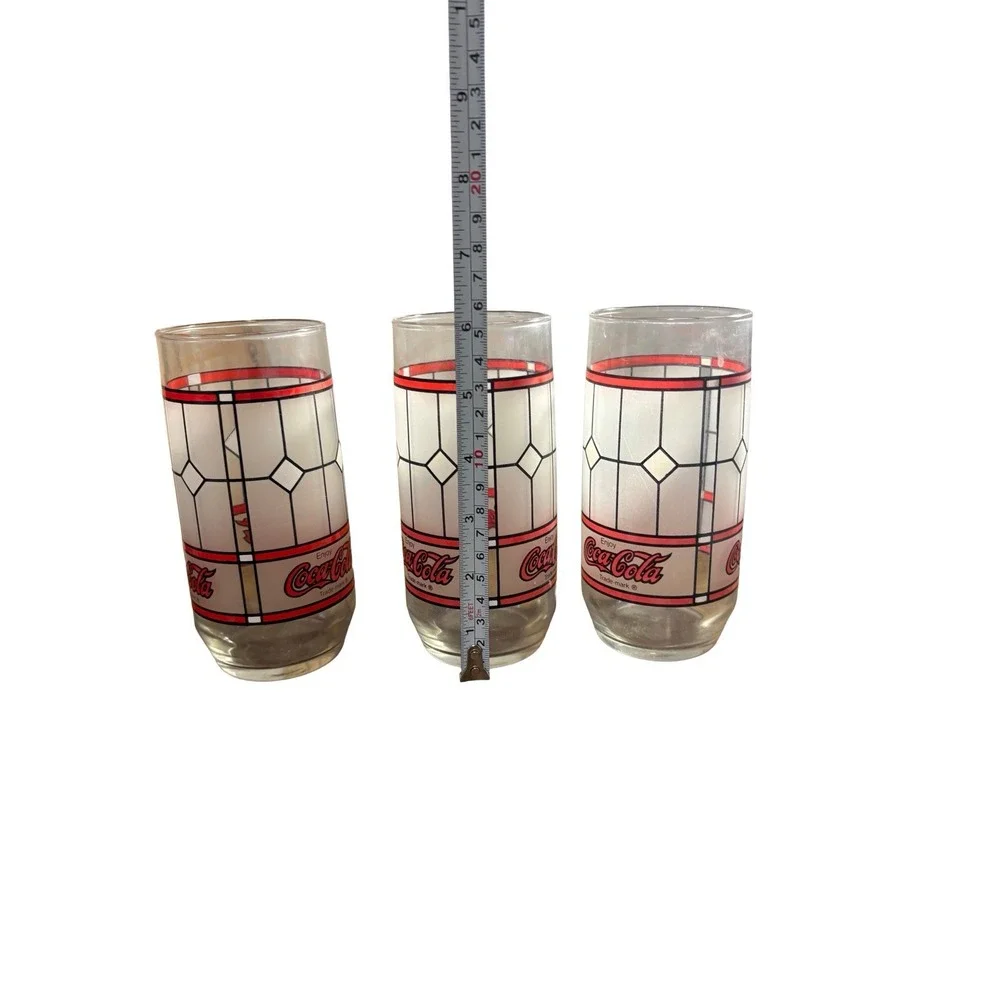 Vintage Set of 3 Tiffany Style Frosted‎ Drinking Glasses Enjoy Coca Cola